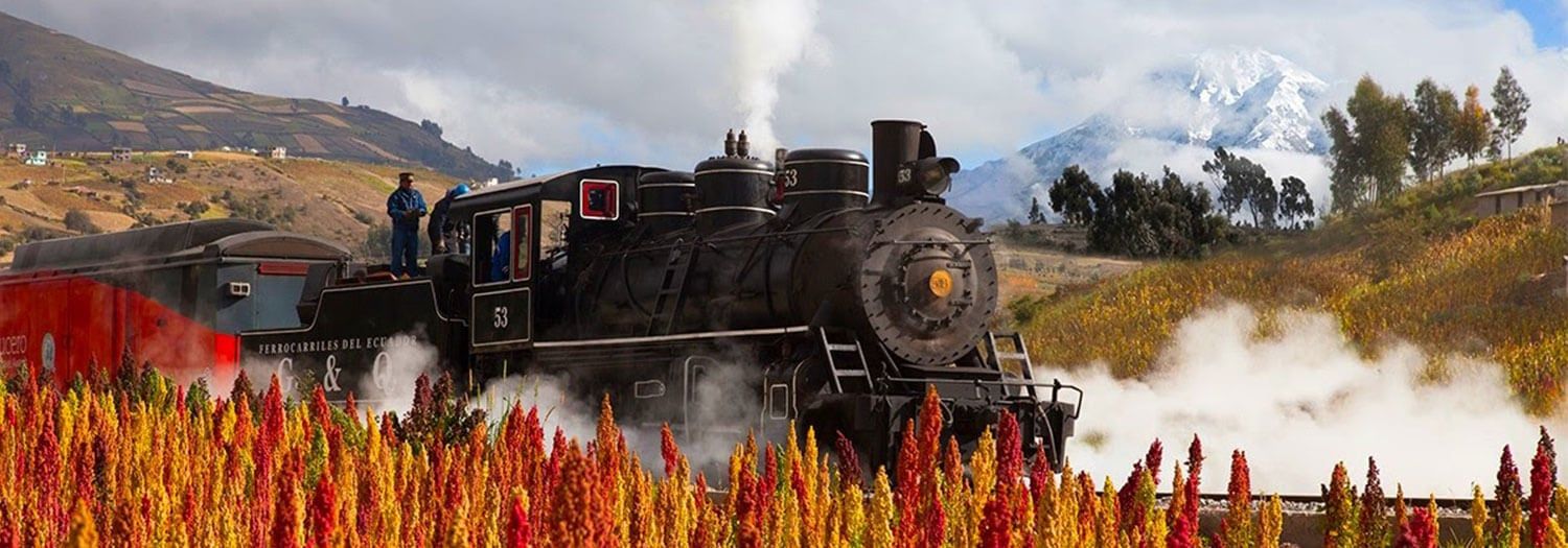 Vintage train in Ecuador traveling through fields in Dry Season