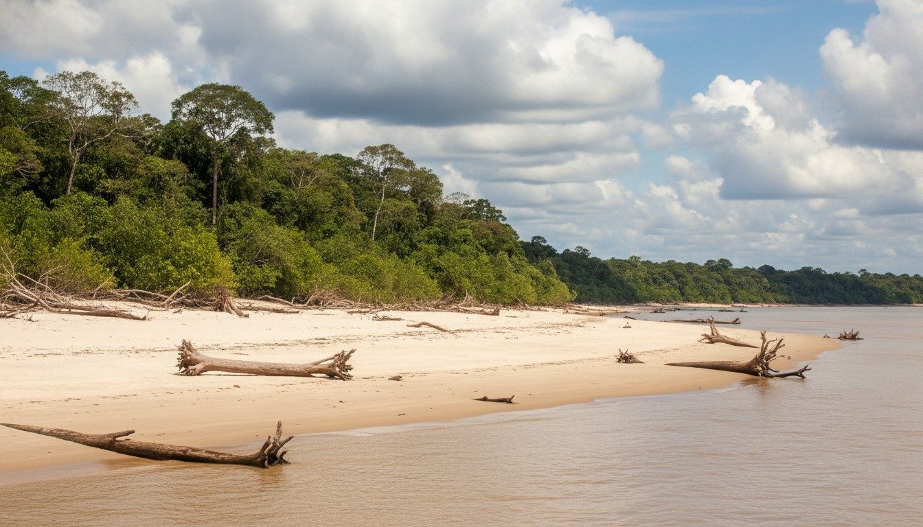 Exposed sandy riverbank and beach on a wide brown Amazon river at low water, with the forest edge behind