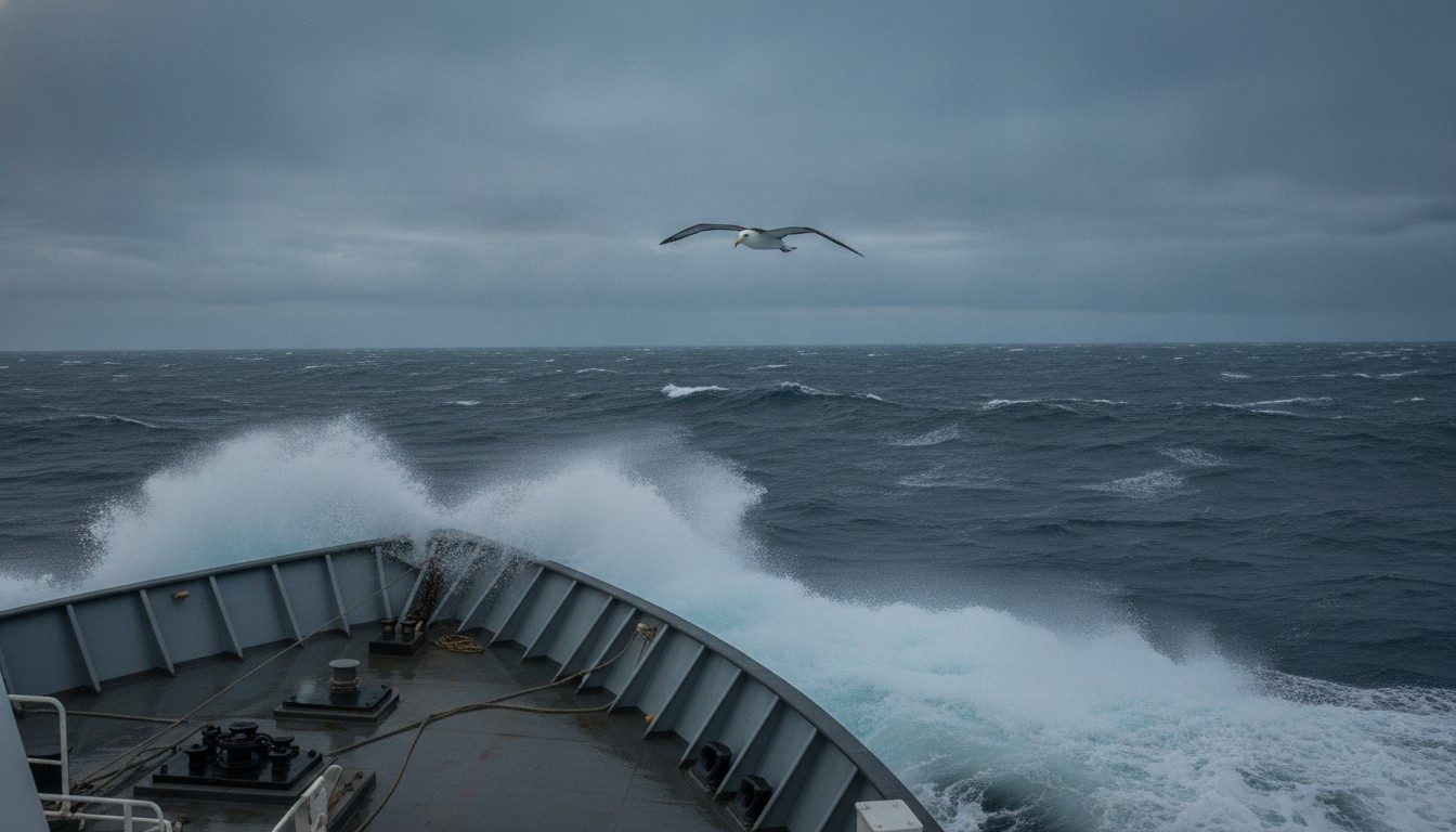 Expedition ship bow pushing through grey swell on the Drake Passage