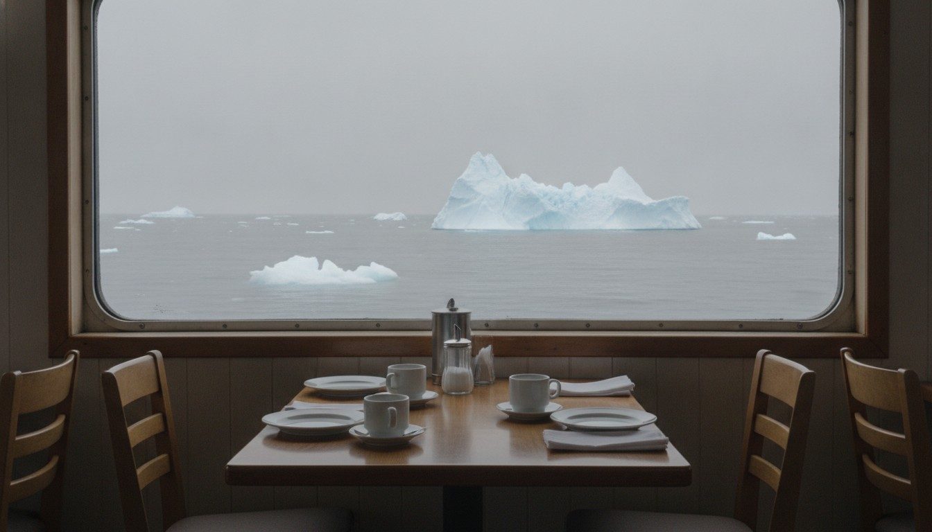 Laid table by a ship's dining room window with sea ice and an iceberg outside