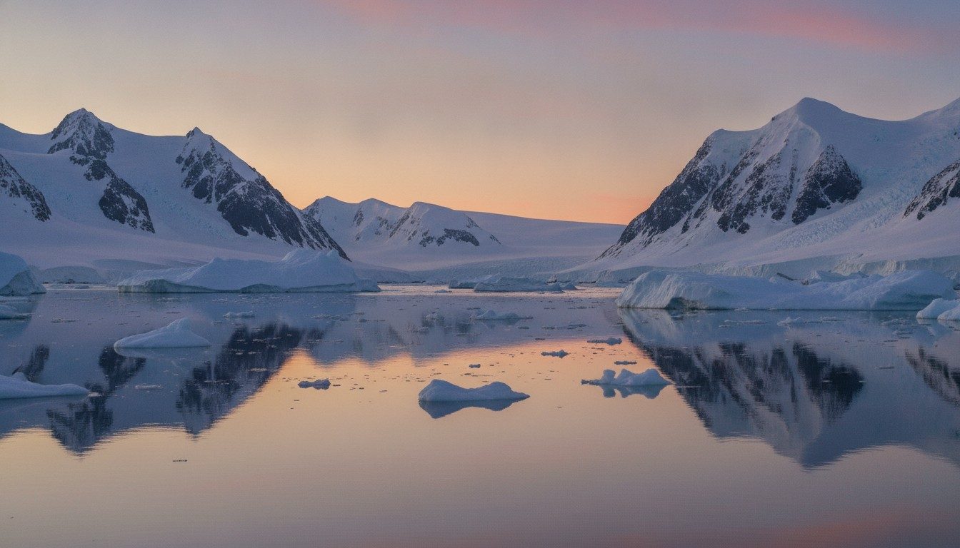 Low midnight sun lighting icebergs in a calm Antarctic channel