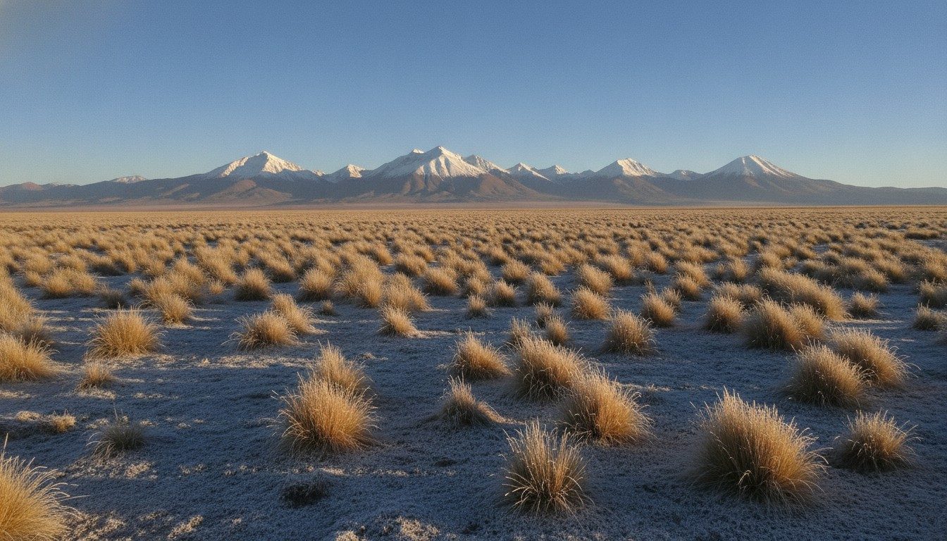 Frost on tufted grass at dawn on the Bolivian Altiplano with snowy peaks behind