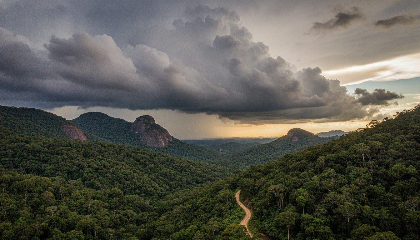 Summer thunderclouds building over green forested hills in southeast Brazil