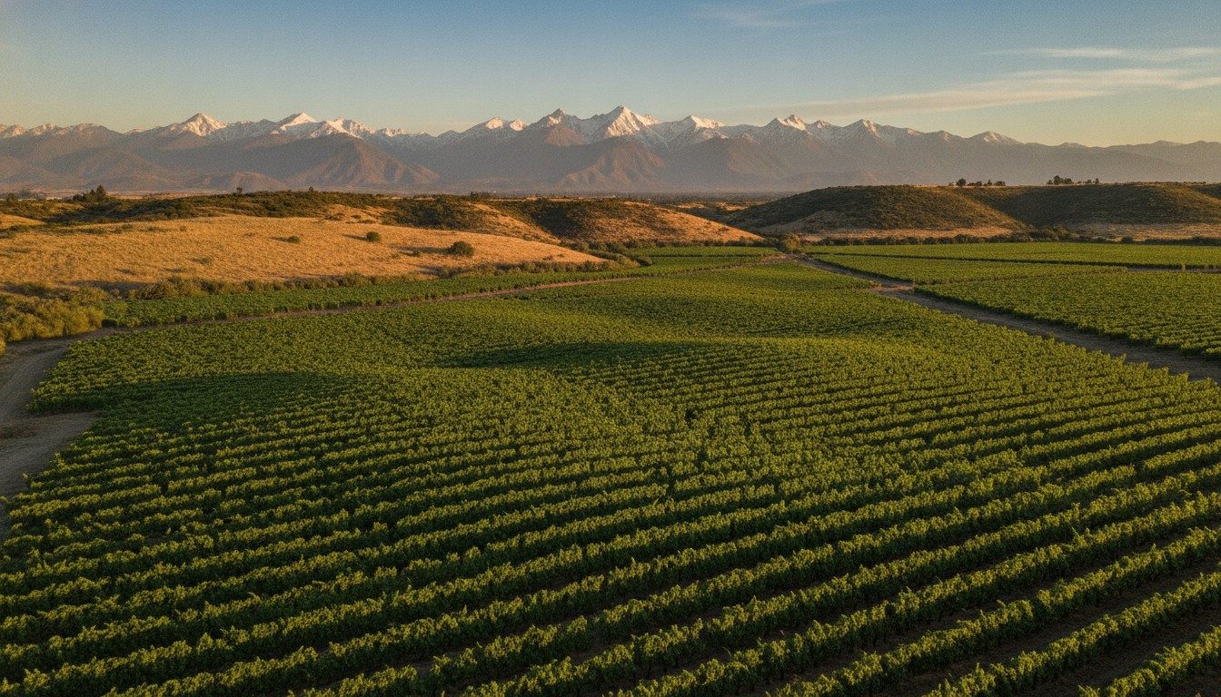 Vineyard rows in a central Chilean wine valley with the Andes behind