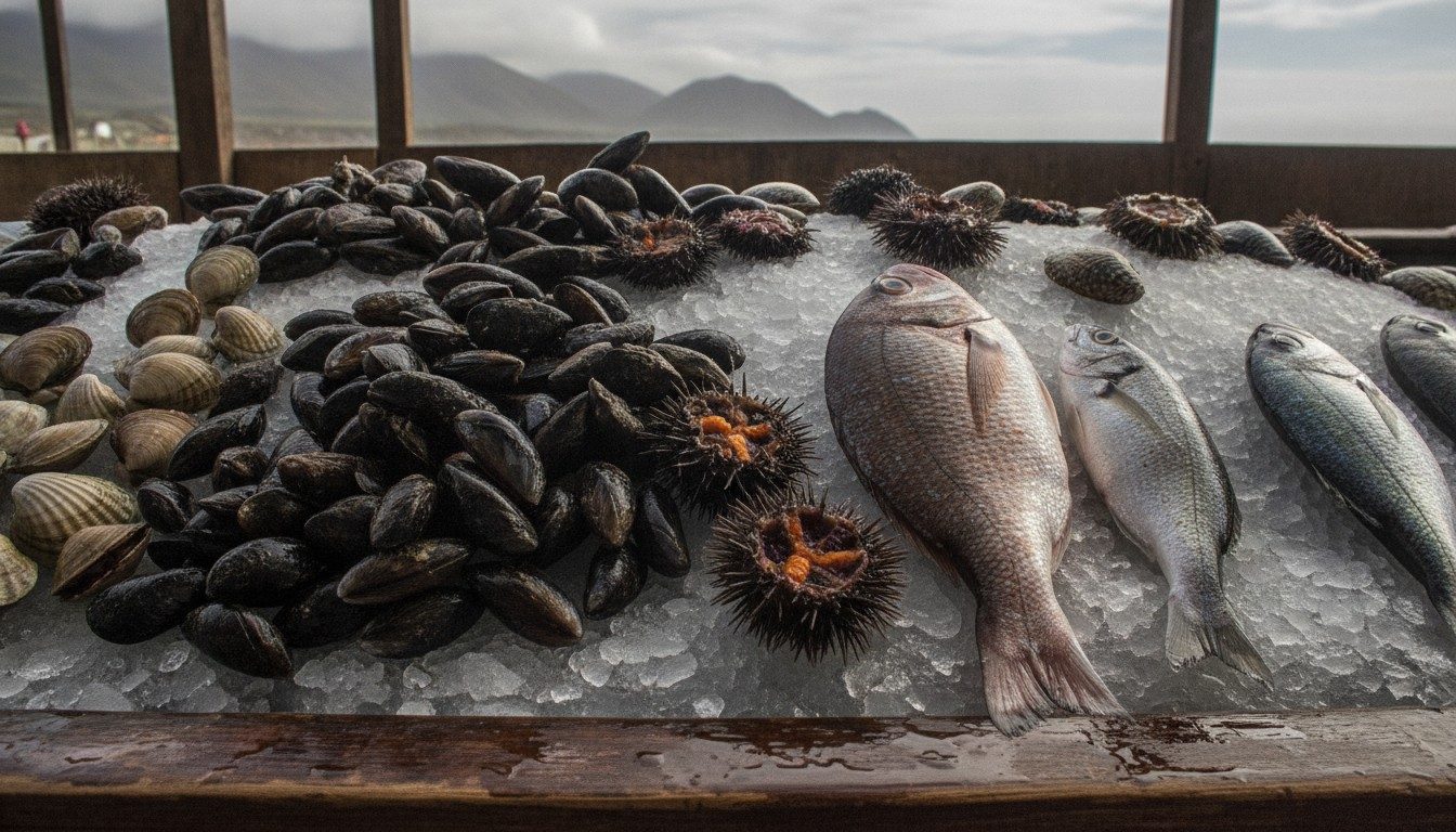 Fresh shellfish and fish on ice at a seafood market counter in Chile