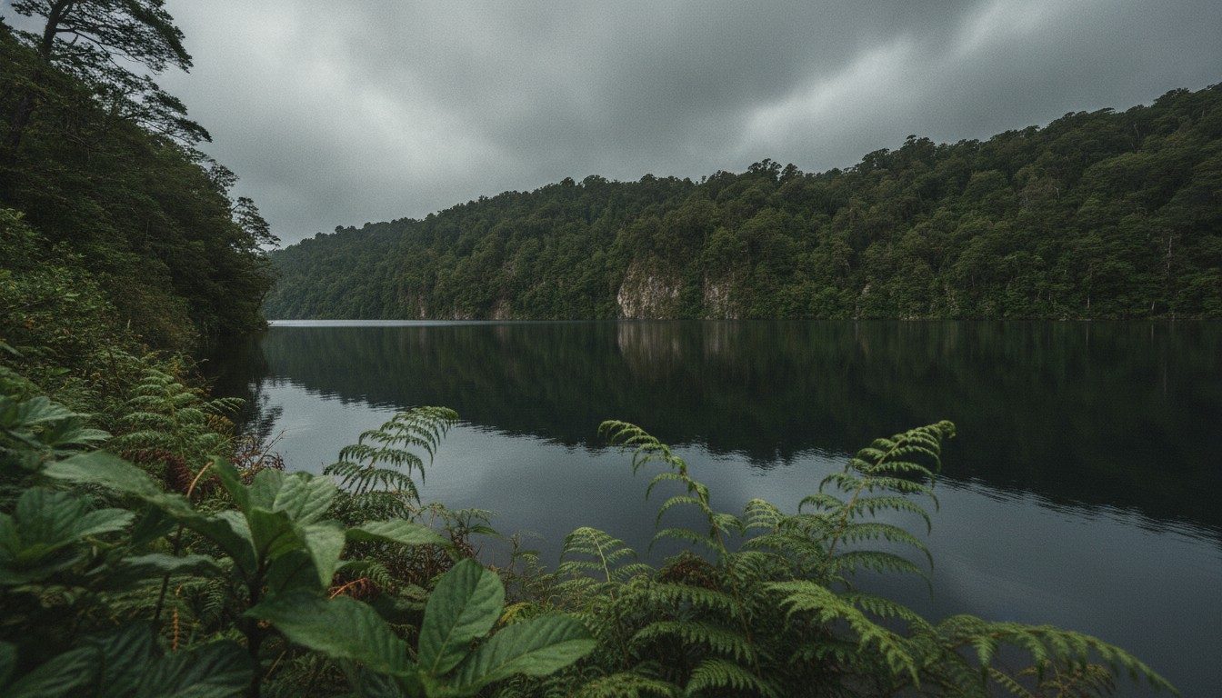 Low rain clouds over a dark lake and forested shore in southern Chile's Lake District
