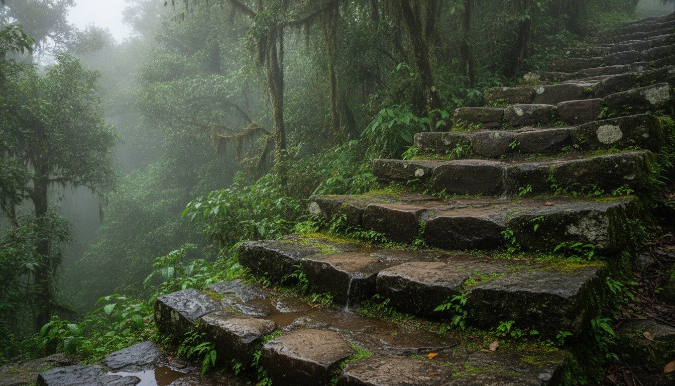 Rain beading on old fitted granite steps edged with moss and ferns in cloud forest