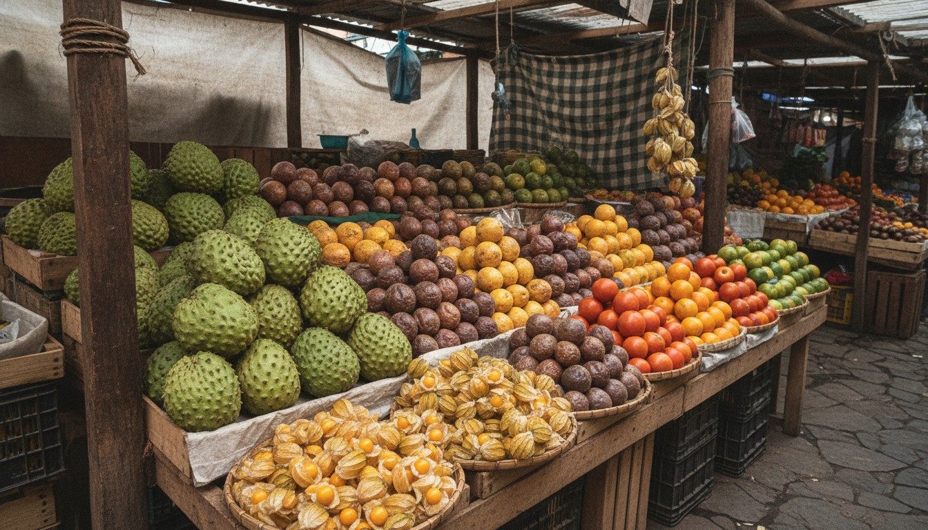 Market stall piled with soursop, golden berries and other tropical fruit