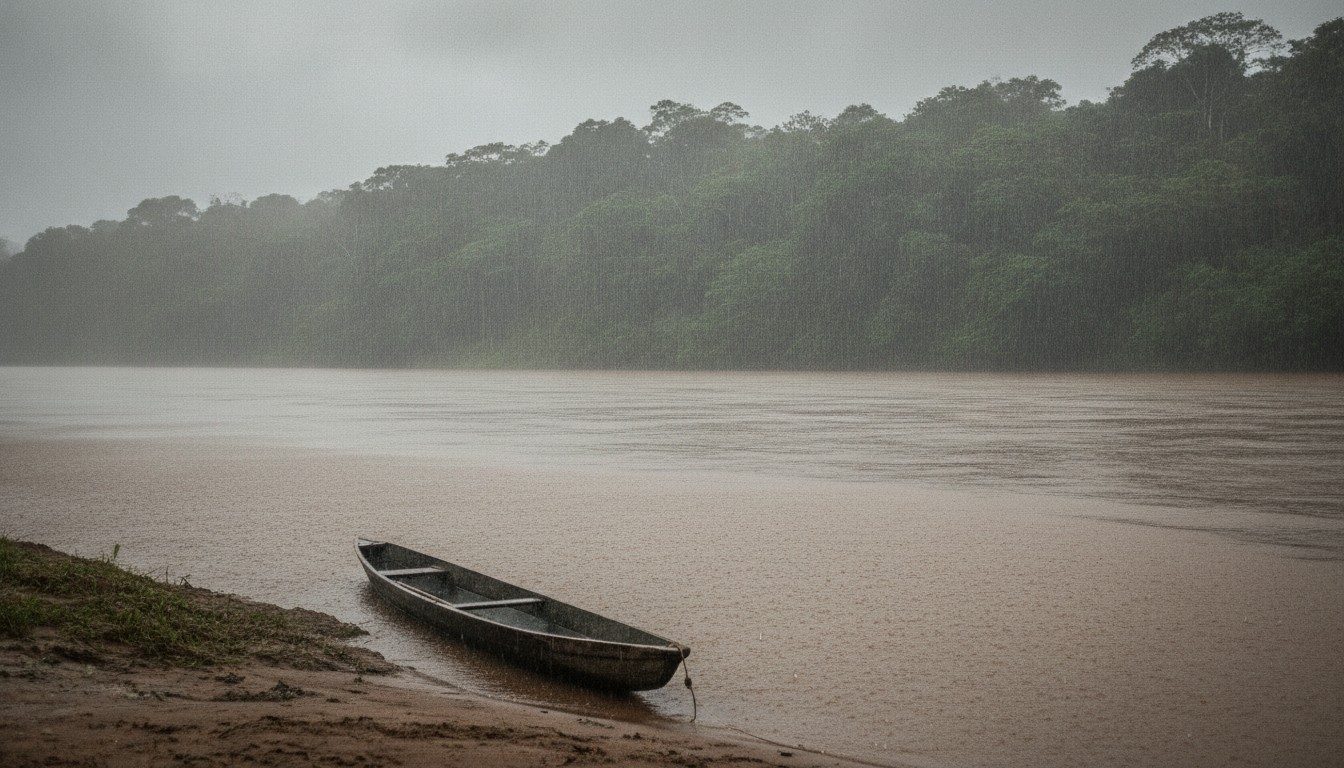 Rain shower over a wide brown river and rainforest edge in the Ecuadorian Amazon