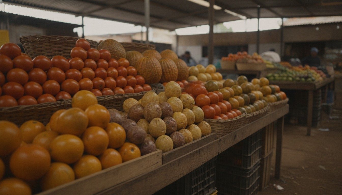 Market stall with tree tomatoes, granadillas, passion fruit and naranjillas in Ecuador