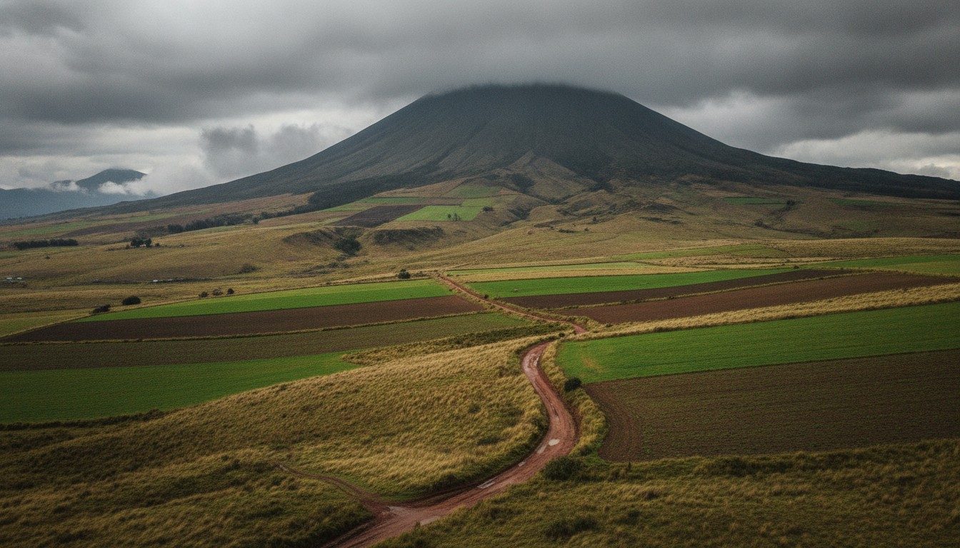 Rain clouds building over green farmland and paramo slopes in the Ecuadorian Andes