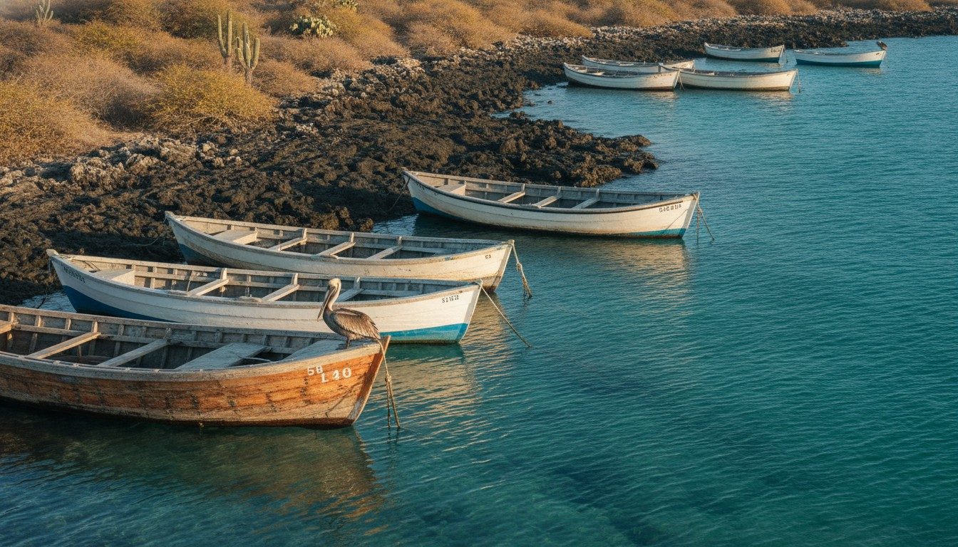 Small fishing boats moored in a calm harbor beside a dark lava-rock shore