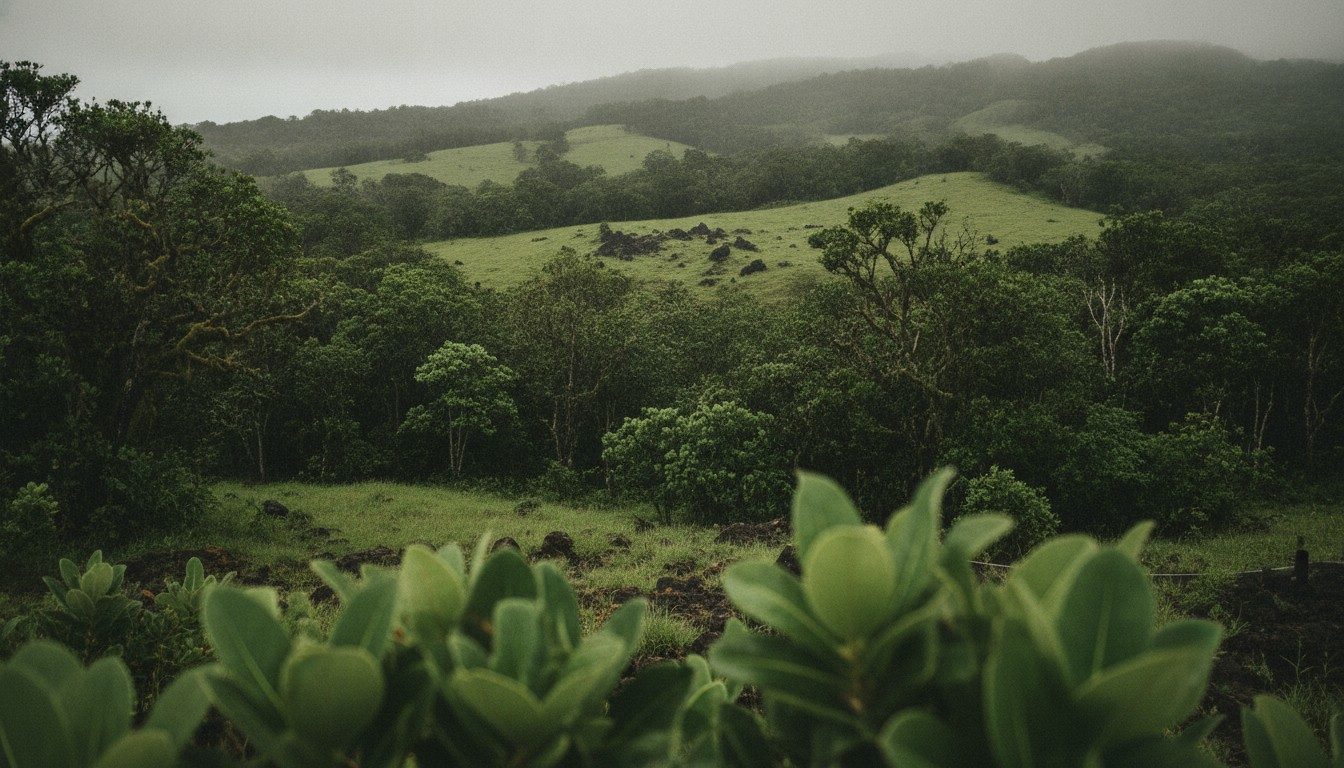Low grey cloud and drizzle over green humid highland forest and pasture on a Galápagos island