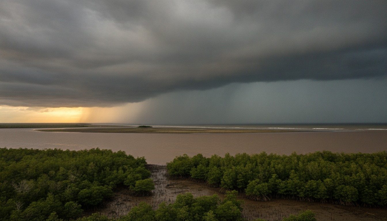 Heavy rain shower moving over a wide brown river mouth and low green mangrove coast in the Guianas