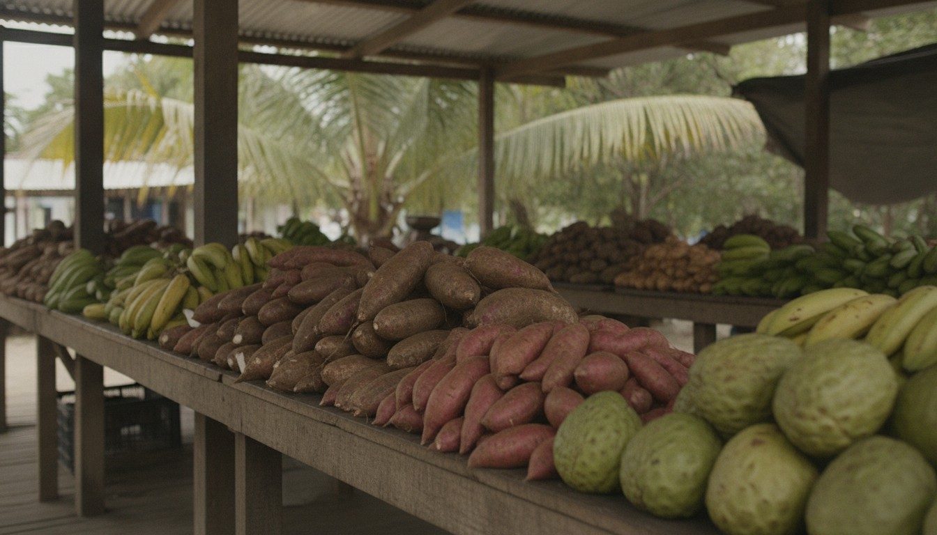 Market stall with cassava, sweet potatoes, plantains and tropical fruit