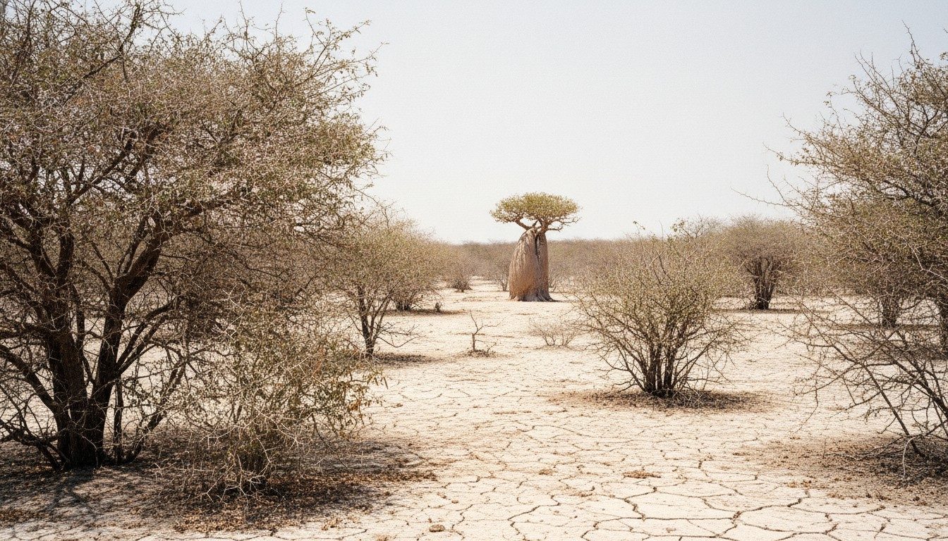Dry thorn scrub and pale cracked earth under a hot hazy sky in the Paraguayan Chaco