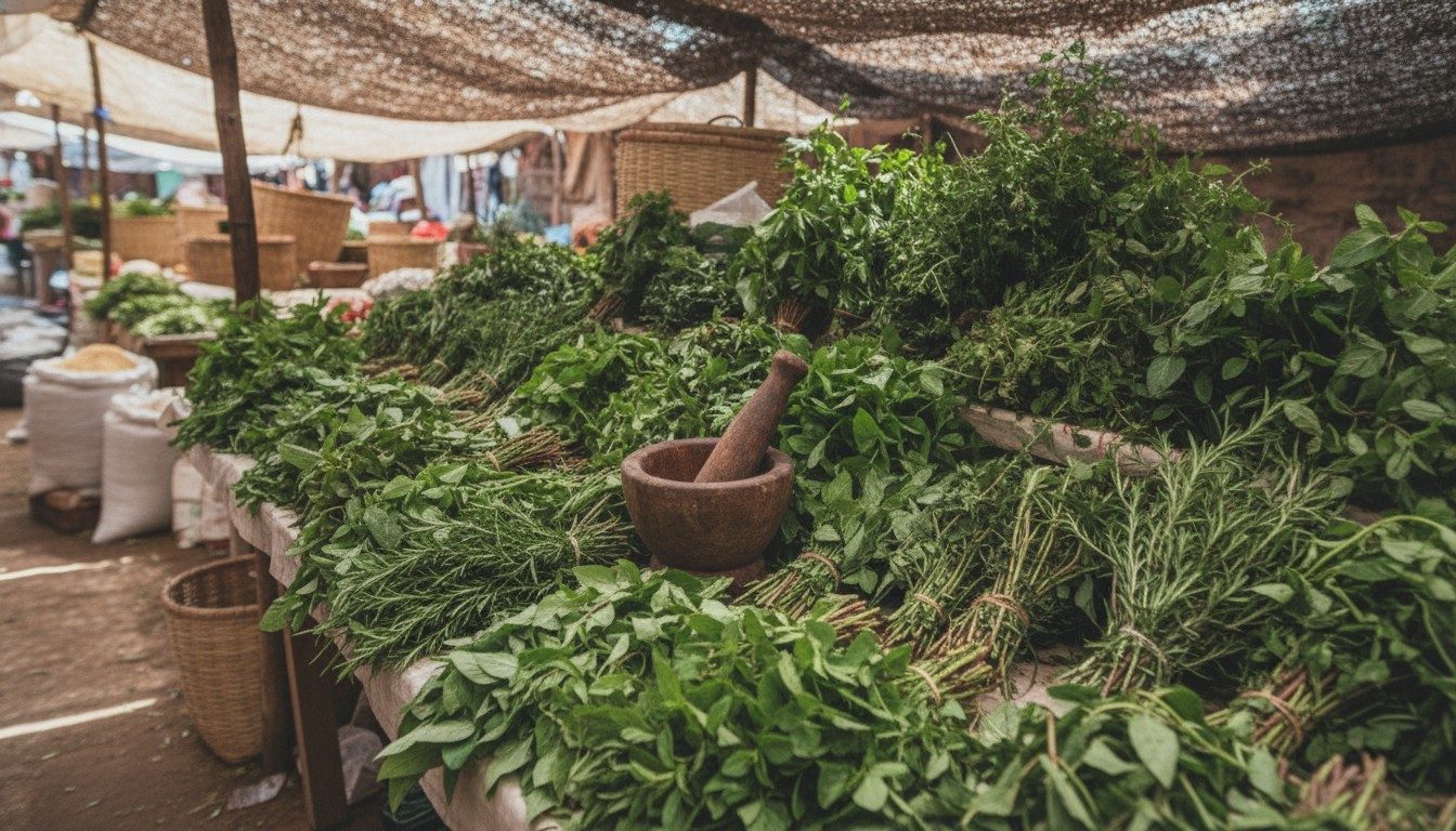 Bundles of fresh green medicinal herbs and a wooden mortar on a market stall in Paraguay
