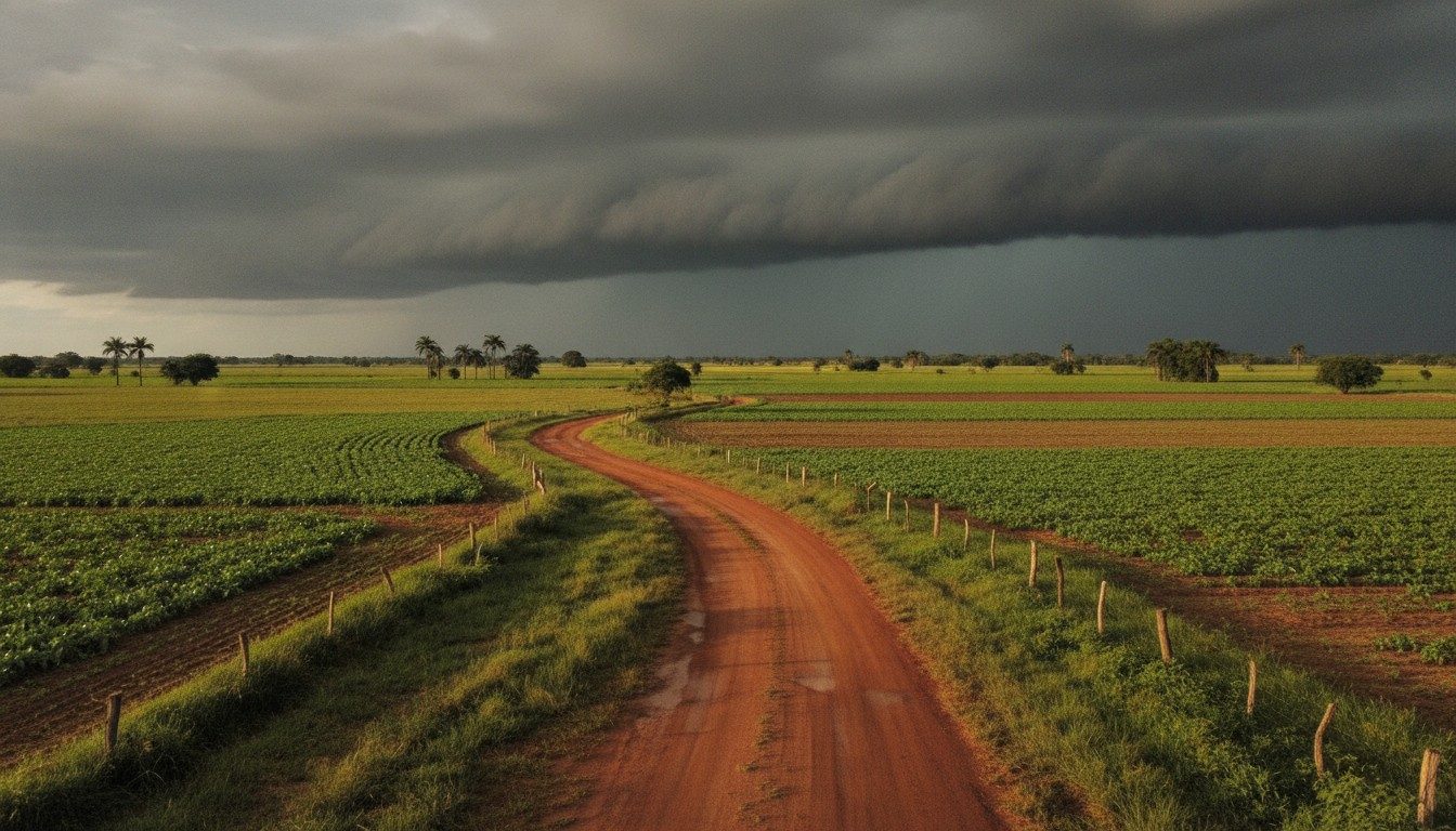 Dark thunderclouds rolling over flat green farmland and a red-earth track in eastern Paraguay