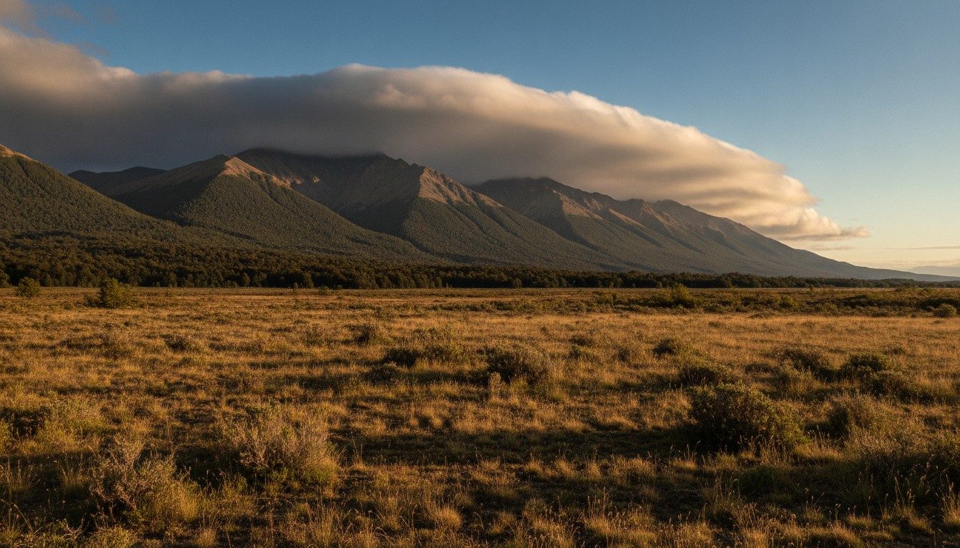 Rain clouds piled on a forested Andean ridge above dry golden grassland