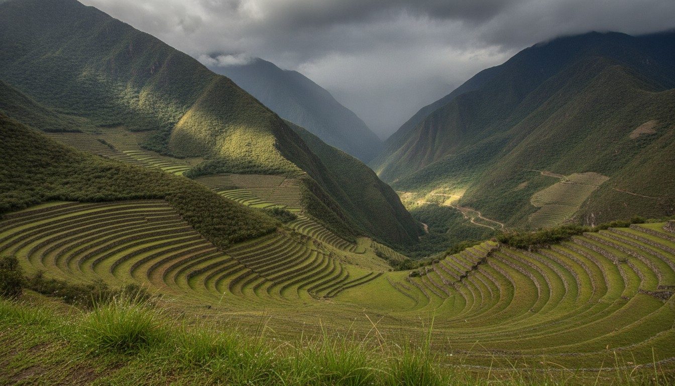 Dark rain clouds building over green Andean slopes and stone farming terraces in the rainy season