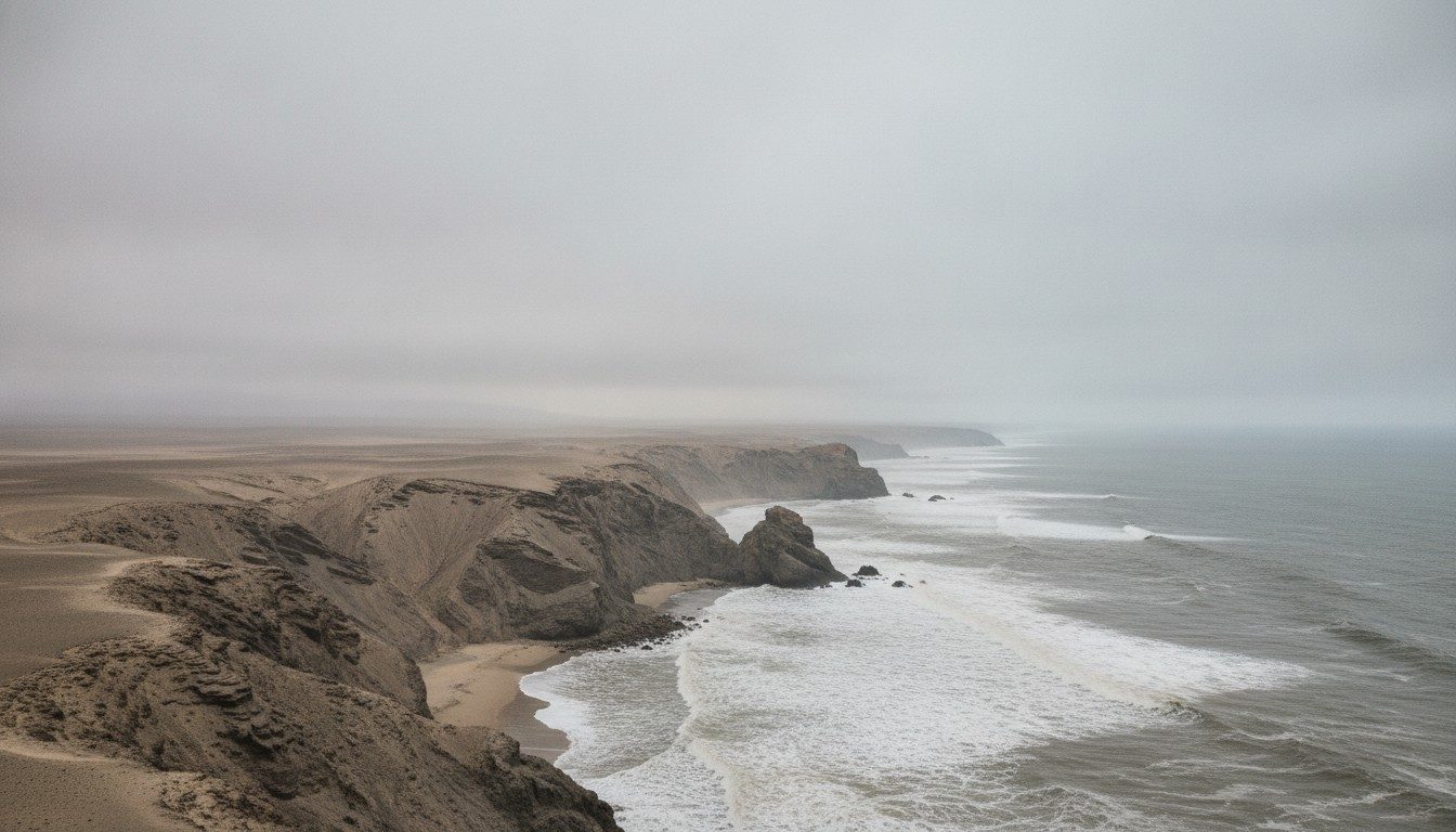 Low grey cloud over desert cliffs and Pacific surf on Peru's coast on a winter morning