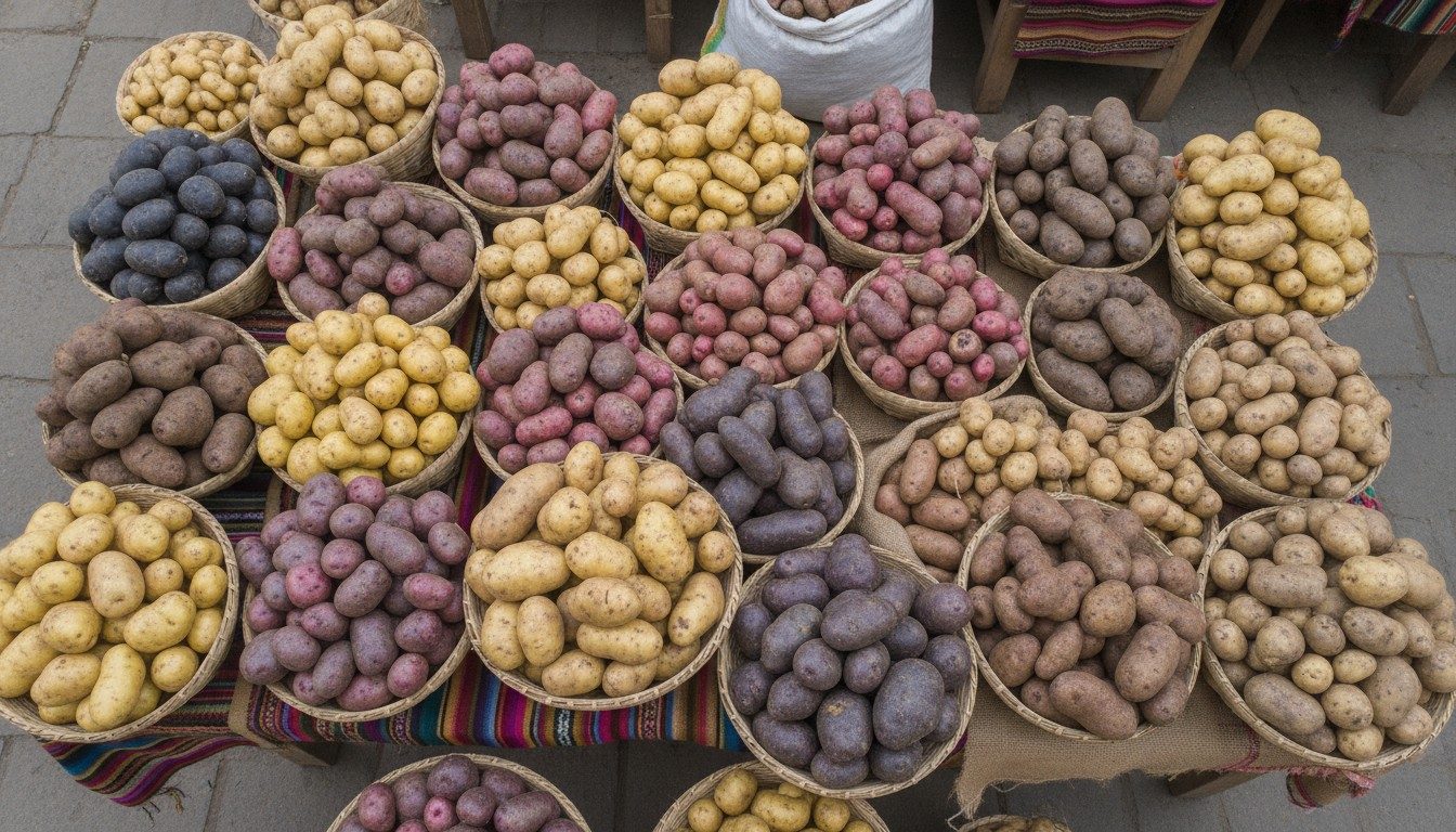 Native Andean potatoes in many colors and shapes piled on a market table in Peru
