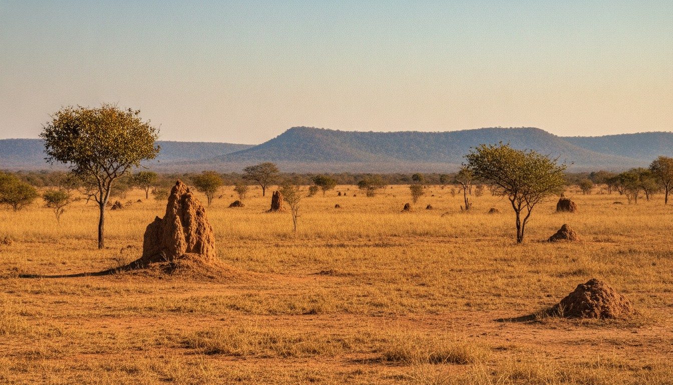Dry season grassland with termite mounds and distant hills on a tropical savanna in southern Guyana
