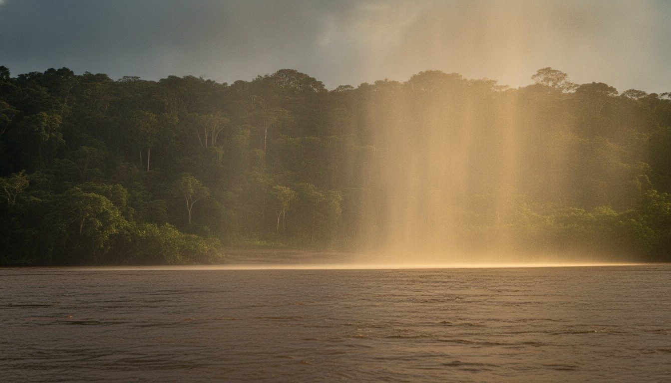 Tropical rain shower falling over a wide brown river and the rainforest edge