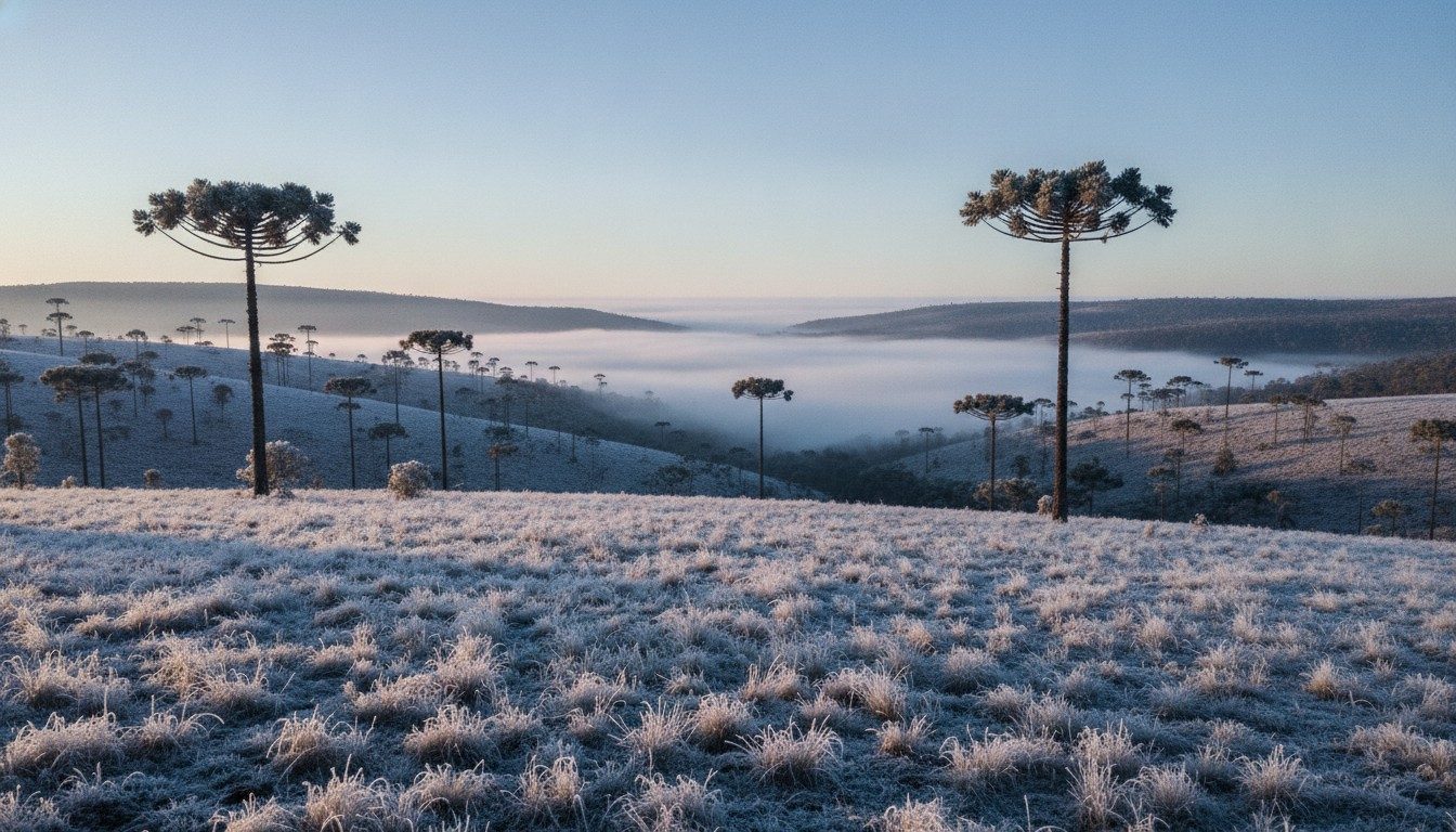 White frost on highland grassland among araucaria pines at sunrise in southern Brazil