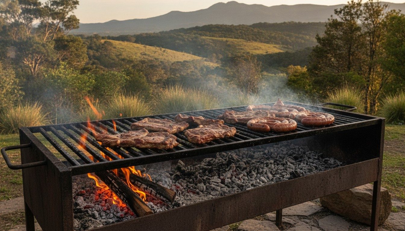 Wood fire burning down beside an iron parrilla, with embers raked under beef ribs and sausages on the grill