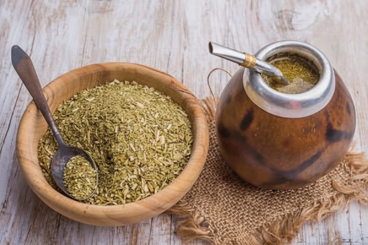 Mate gourd with a metal bombilla beside a wooden bowl of yerba mate