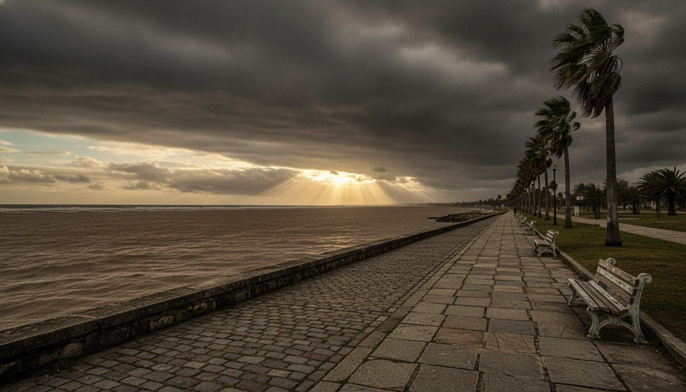 Stone seafront promenade on a wide brown river estuary under a fast-moving bank of dark cloud in Uruguay